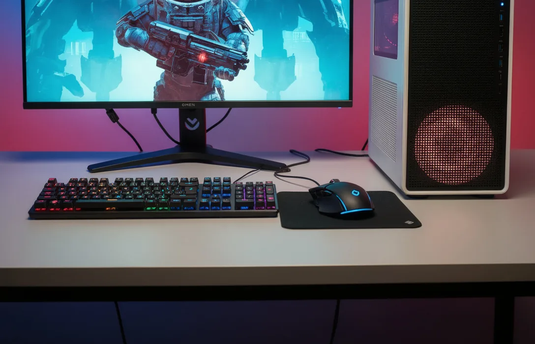 Puesto gaming con monitor, torre, teclado y ratón iluminados